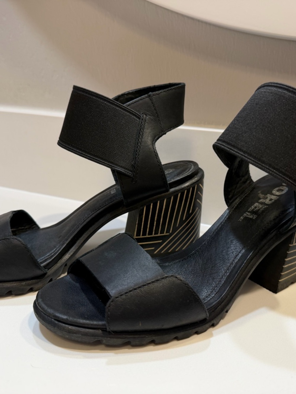 Sorel Black Block Heel Sandals with Geometric Accent Heel